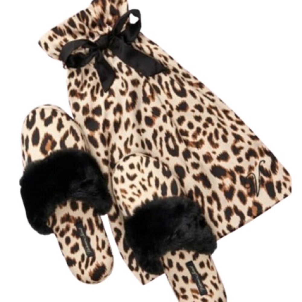Victoria's Secret Leopard Print Slippers with Black Fur